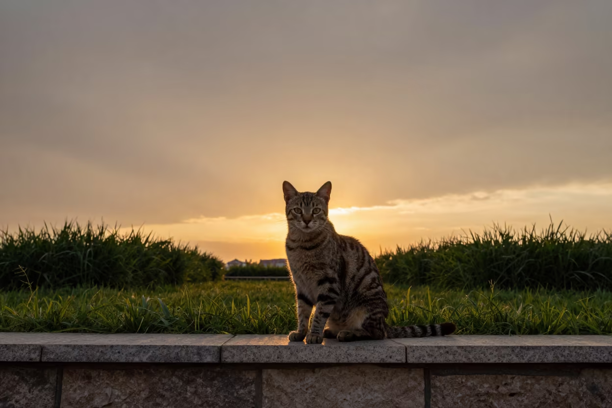 Chausie Cat on Wall in Harbin Amber Light in in a small yard with clipped grass, calm light, and the animal centered in frame in Harbin