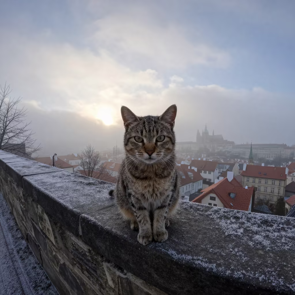 Chausie Cat Perched on Prague Wall Dawn in beside a plain courtyard wall in clear daylight with the animal at eye level in Prague
