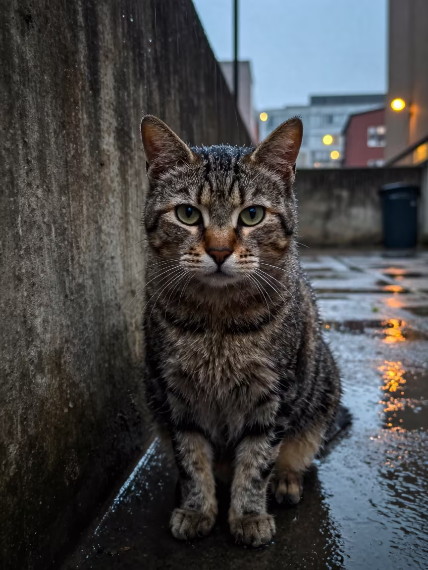 Chausie Cat Portrait in Birmingham Courtyard Drizzle in beside a plain courtyard wall in clear daylight with the animal at eye level in Birmingham