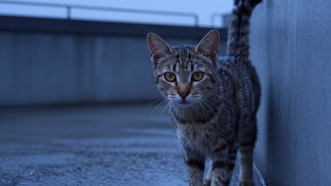 Chausie Cat Portrait Indigo Twilight Rain Yokohama in beside a plain courtyard wall in clear daylight with the animal at eye level near Yokohama