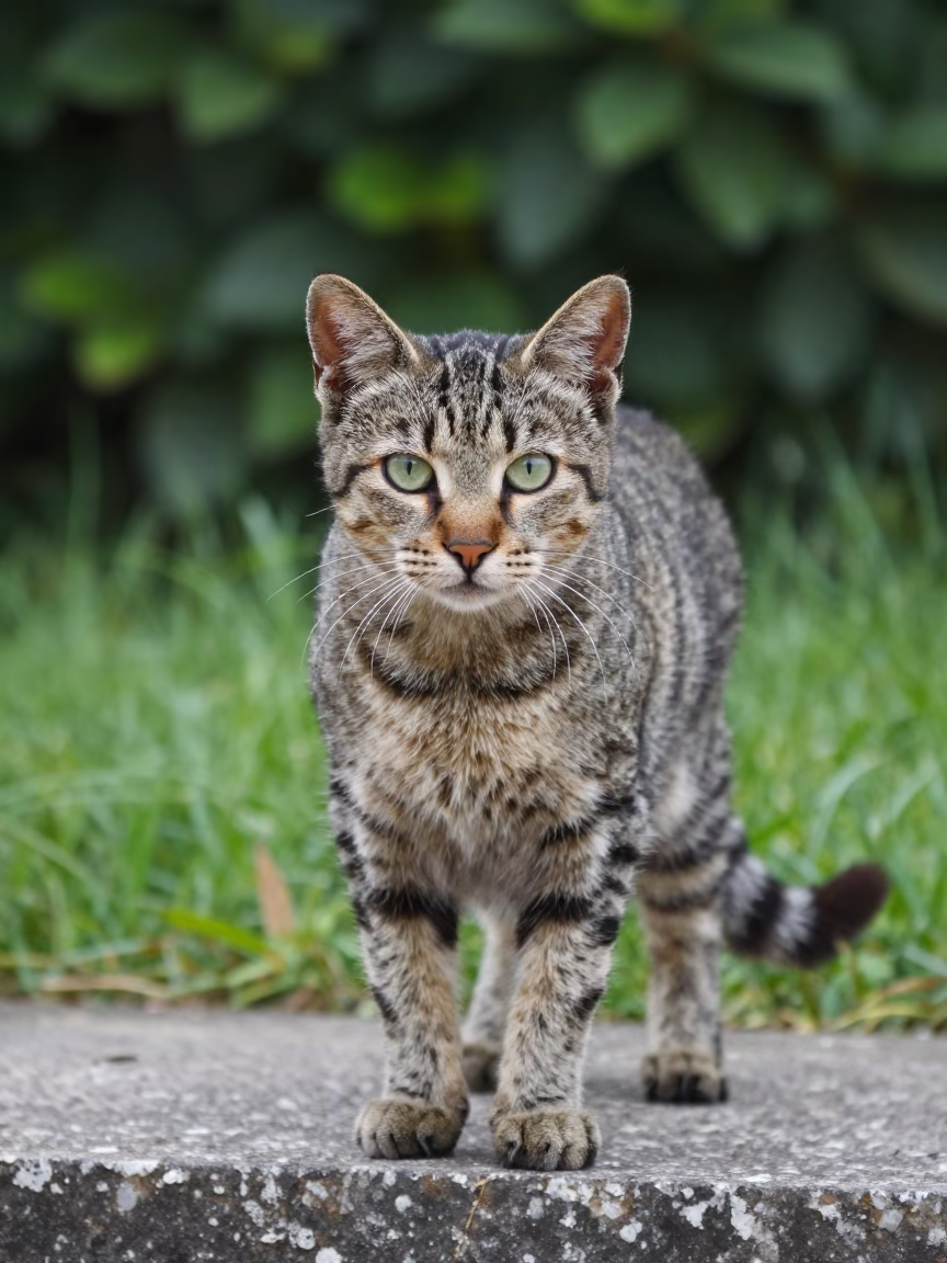 Chausie Cat Portrait Monrovia Garden Morning in near a garden edge with soft morning light and an uncluttered background in Monrovia