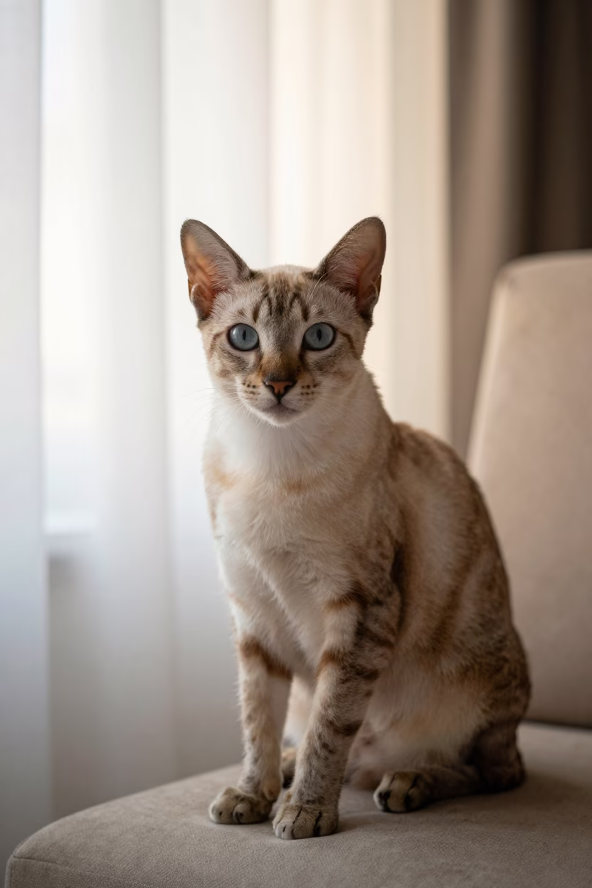 Chausie Cat Portrait on Sofa Near Window in on a sofa near a curtained window with calm indoor light near Surat