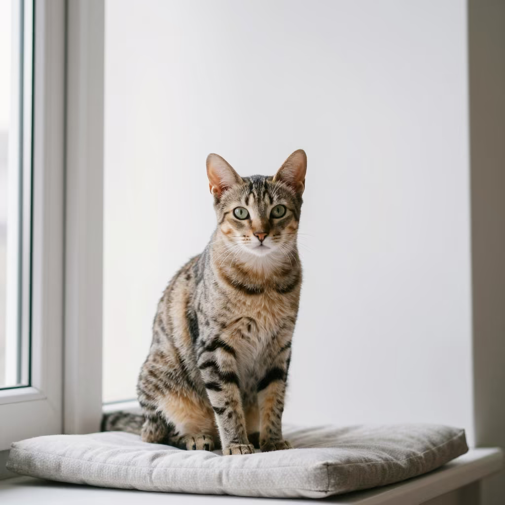 Chausie Cat Portrait on Window Seat in Yokohama in on a cushioned window seat with soft side light and an uncluttered background in Yokohama