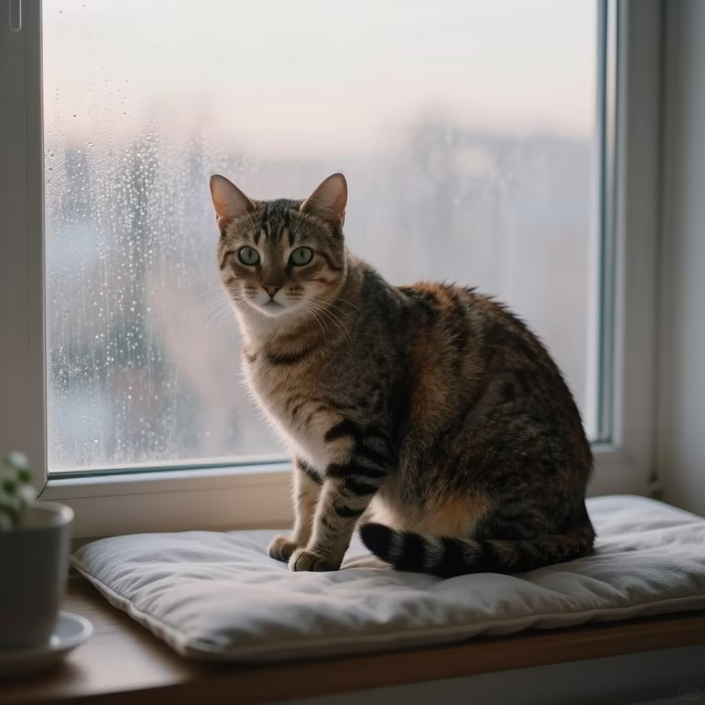 Chausie Cat Portrait on Window Seat in on a cushioned window seat with soft side light and an uncluttered background in Tuni