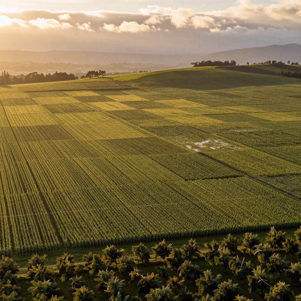 Checkerboard Corn Soybean Fields Bogota Evening in far above orchard blocks and irrigation lines near Graffiti District, Bogota