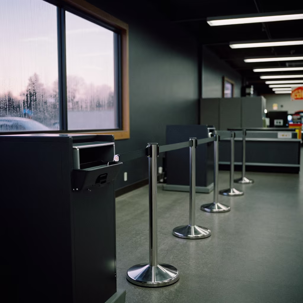 Checkout Stanchion Bin Under Dawn Store Light in at a checkout lane under flat store light in San Rafael