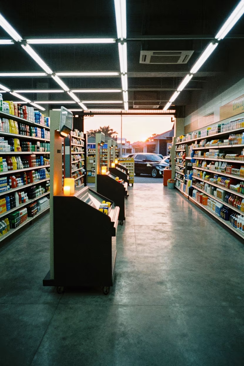 Checkout Wipe Caddy in Yangon Sunset Glow in at a checkout lane under flat store light near Yangon