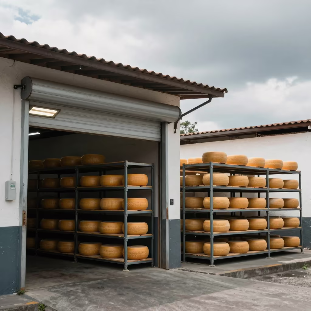 Cheese Aging Cave Wheels on Industrial Shelf in at a loading dock near Centro Historico, Quito