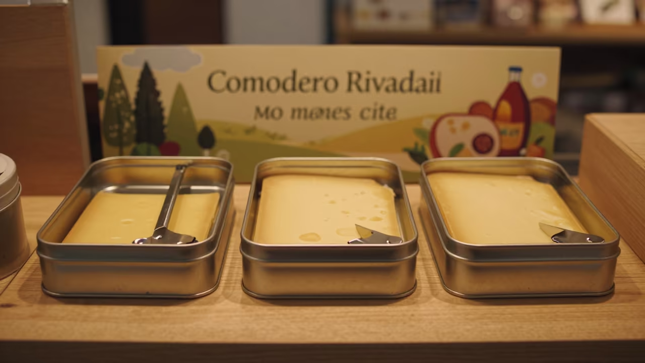 Cheese Cutter Tin in Evening Retail Light in beside a seasonal endcap near the sales floor near Comodoro Rivadavia
