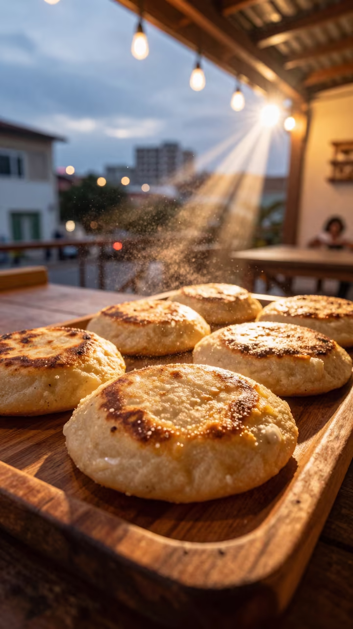 Cheese Stuffed Colombian Arepas on Rustic Table in on a rustic wooden table in Dadu