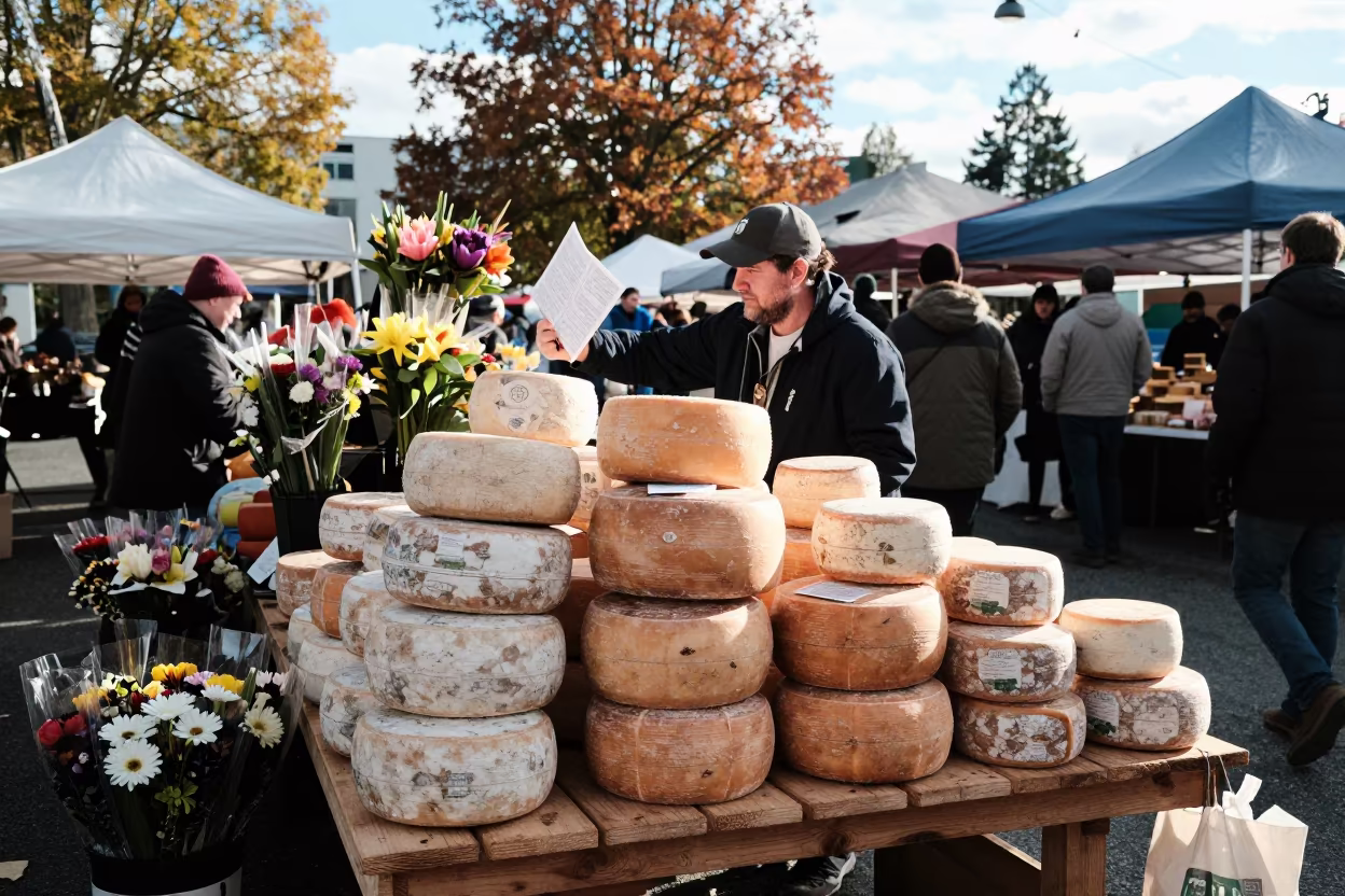 Cheese Vendor Stacking Round Wheels at Market in at a flower auction bench in Vancouver