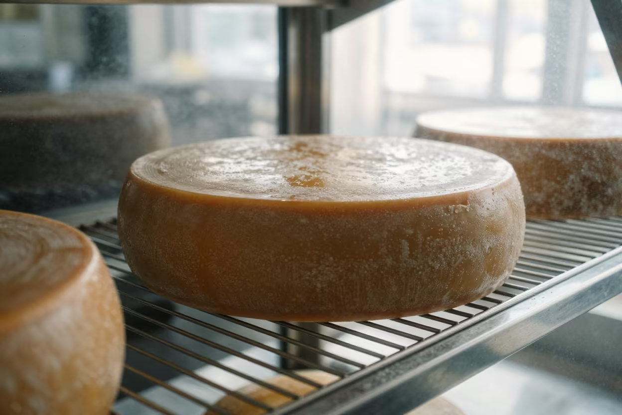 Cheese Wheel on Bakery Rack in Jeju in on a bakery cooling rack in Jeju