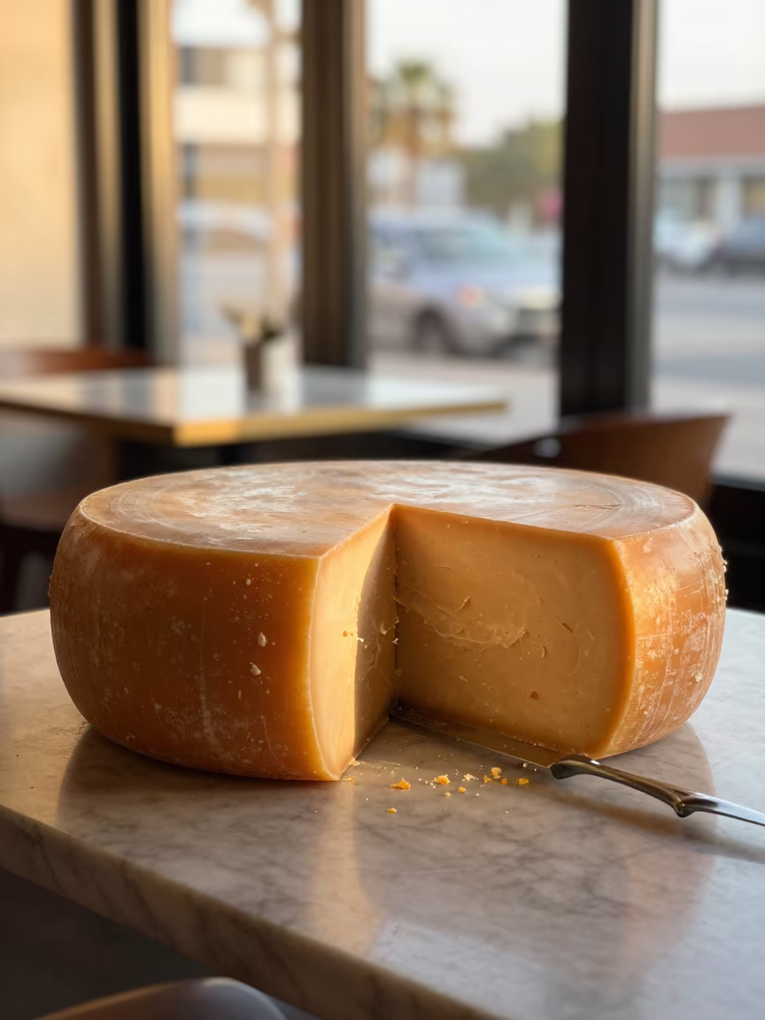 Cheese Wheel Cut on Marble Table at Golden Hour in on a marble cafe table in Jacksonville