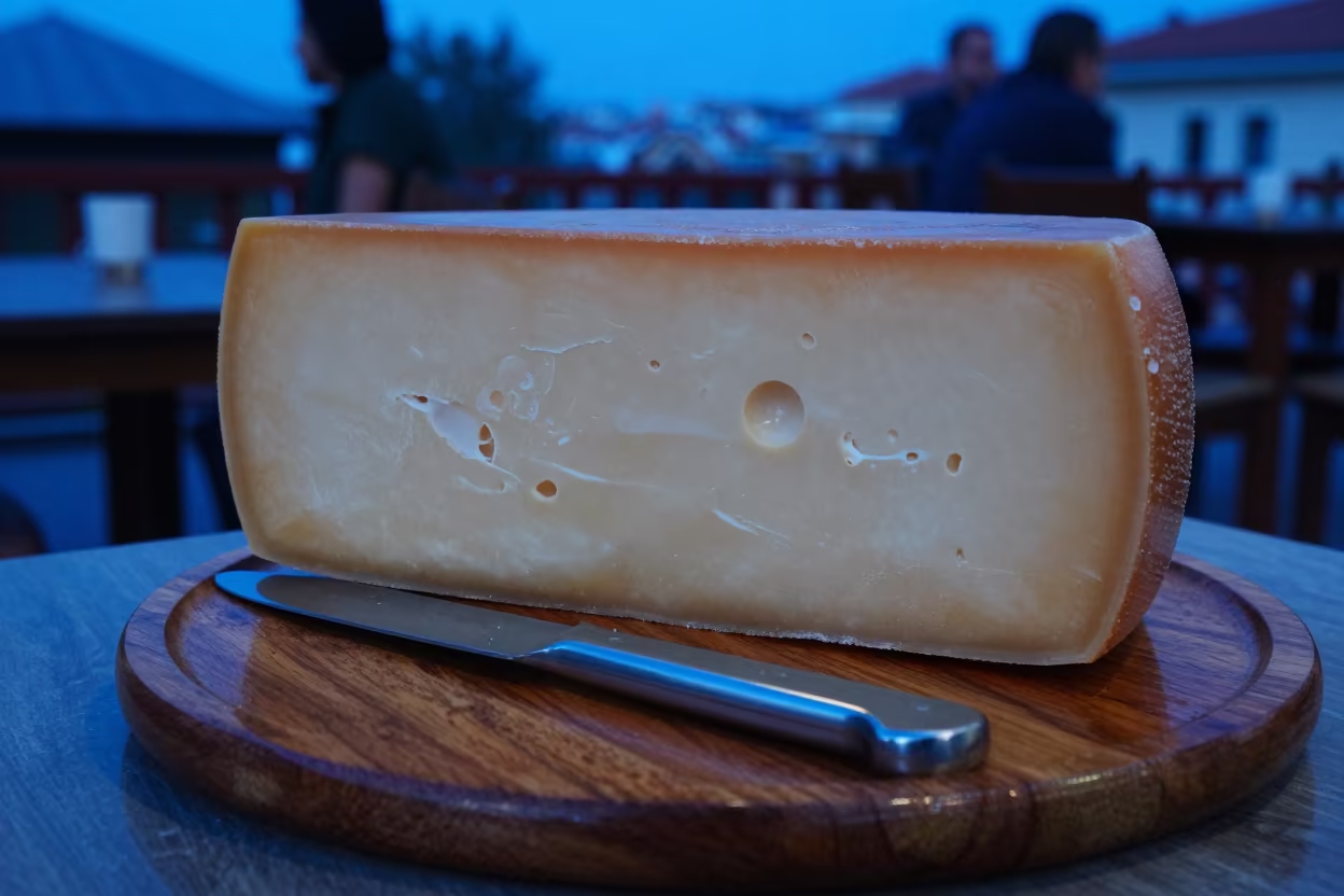 Cheese Wheel Cut on Tea House Tray in on a tea house tray in Karaman