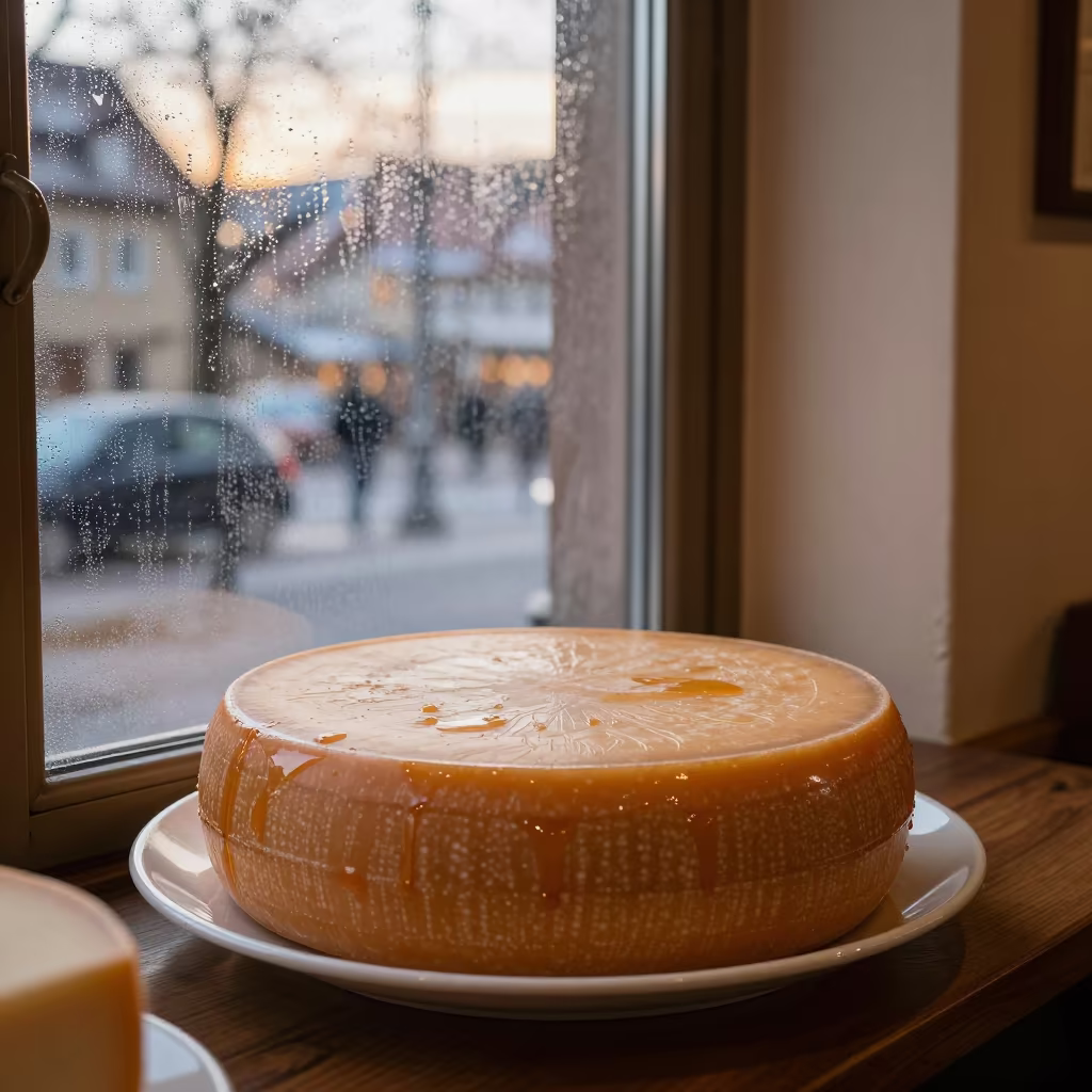Cheese Wheel on Plate in Winter Deli Window in on a ceramic plate by a window in Nuremberg