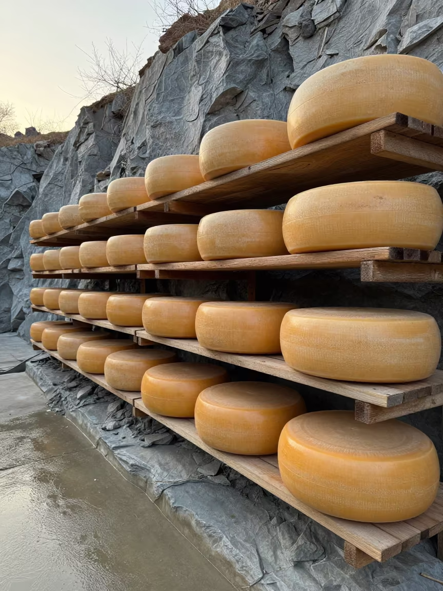 Cheese Wheels Aging on Quarry Ledge Shelves in on a quarry ledge near Jhang