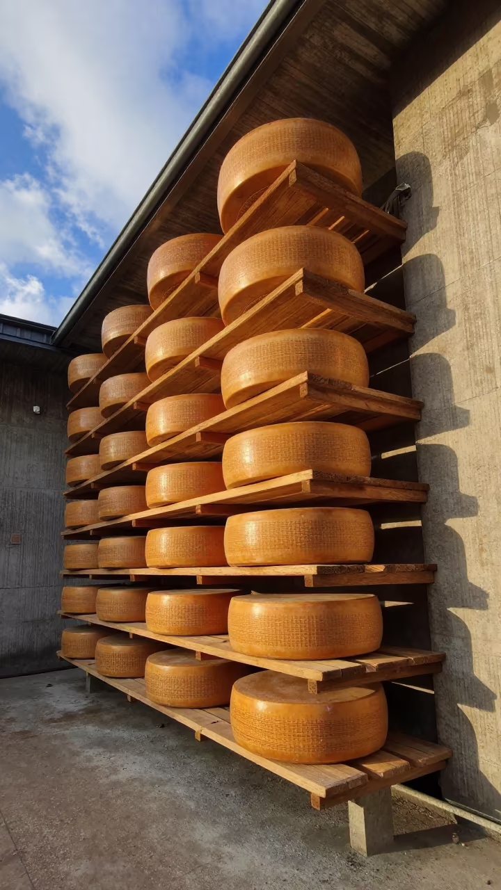 Cheese Wheels in Grain Elevator Cave in inside a grain elevator near Rouen