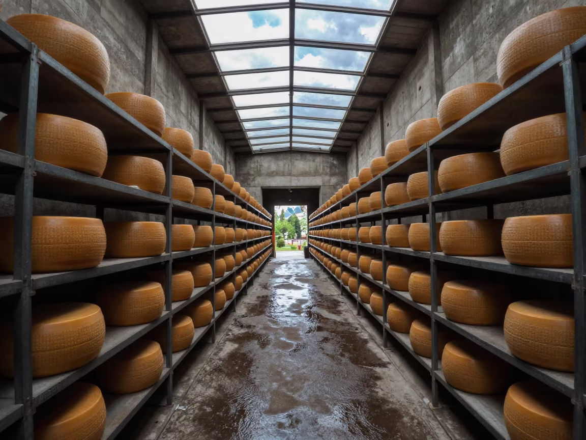 Cheese Wheels on Shelves in Grain Elevator in inside a grain elevator near Mexico City