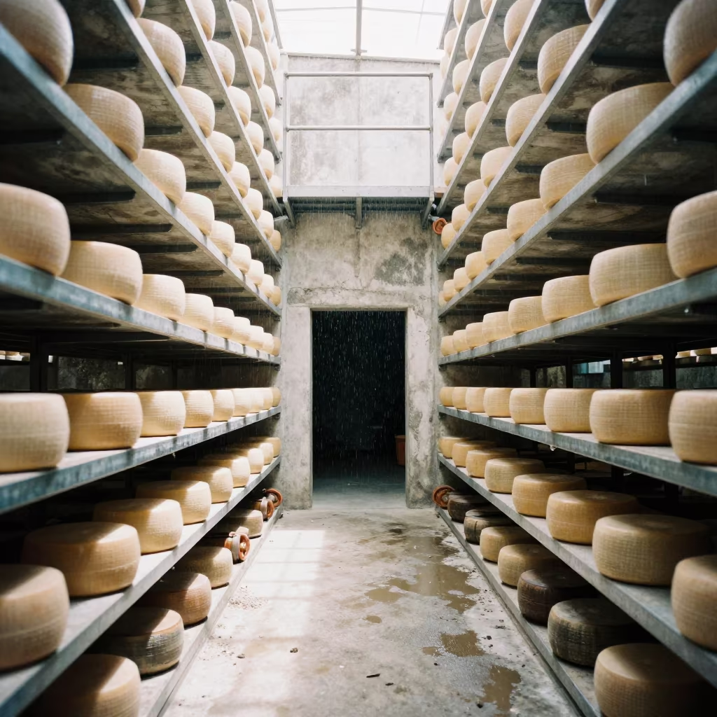 Cheese Wheels on Steel Shelves Belem Cave in on a scaffold platform near Belem