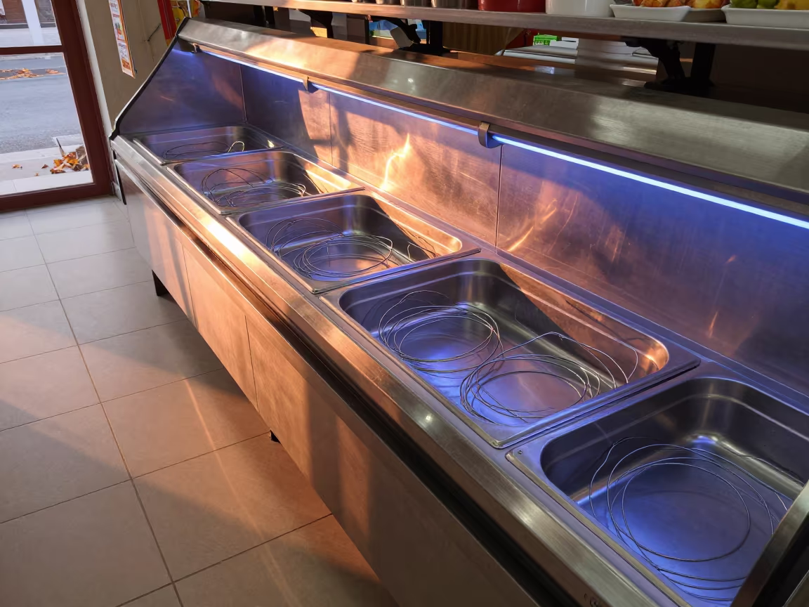 Cheese Wire Sanitizer Tray in Autumn Béjaïa Light in inside a bright retail aisle in Béjaïa