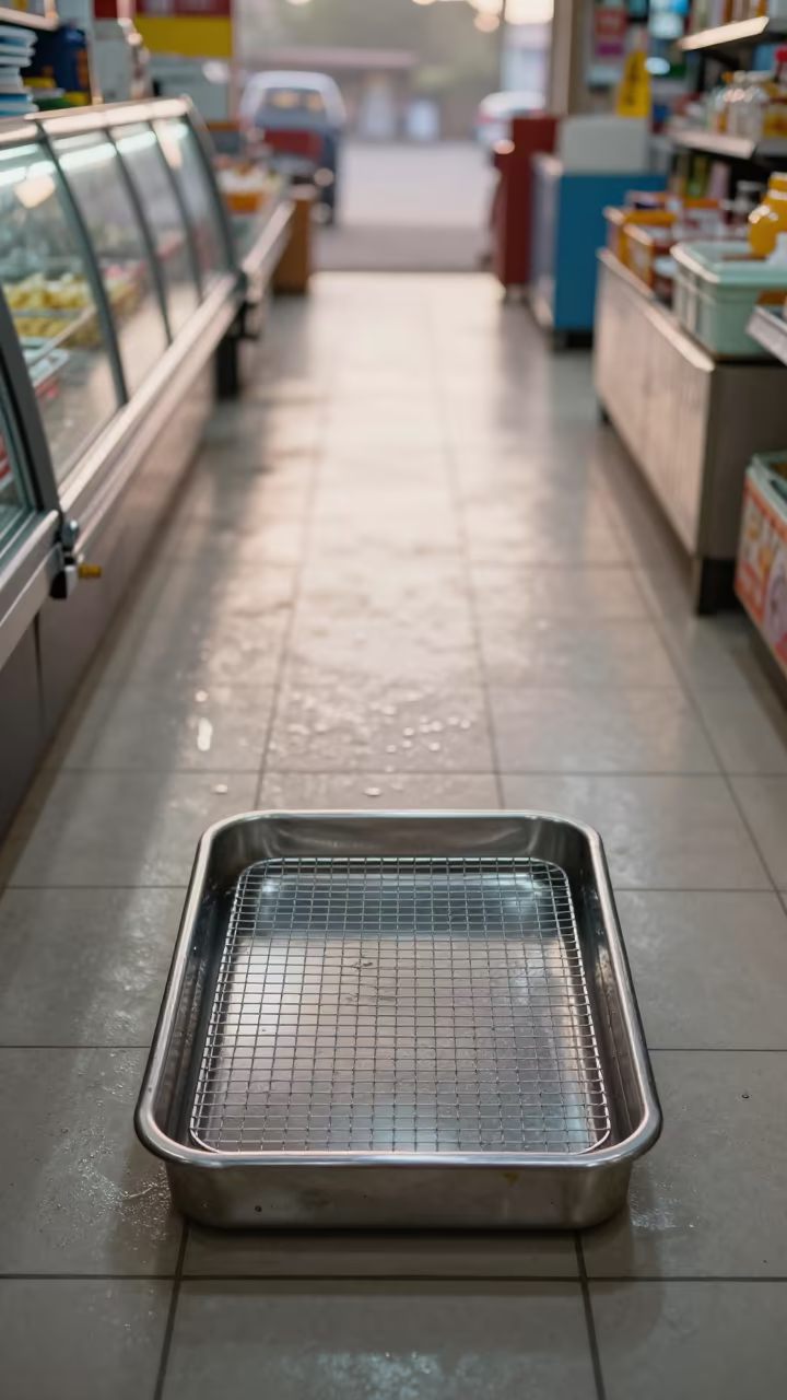 Cheese Wire Sanitizer Tray Dawn Light in at a checkout lane under flat store light in Kollam
