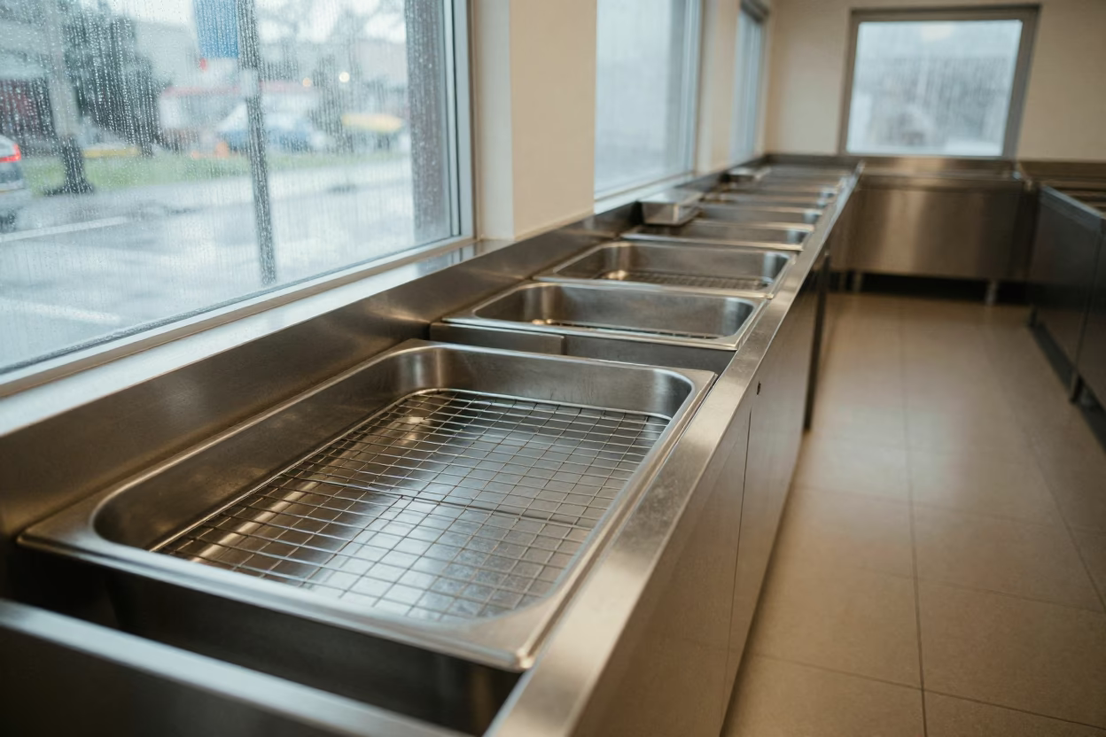 Cheese wire sanitizer tray in Tuni fitting room corridor in inside a fitting room corridor near Tuni
