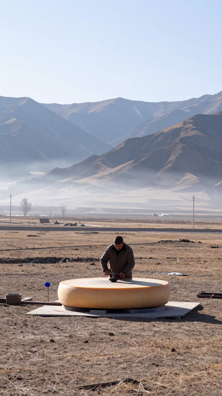 Cheesemaker Turning Gruyere in Turkmenistan Valley in across a wide valley floor in Turkmenistan