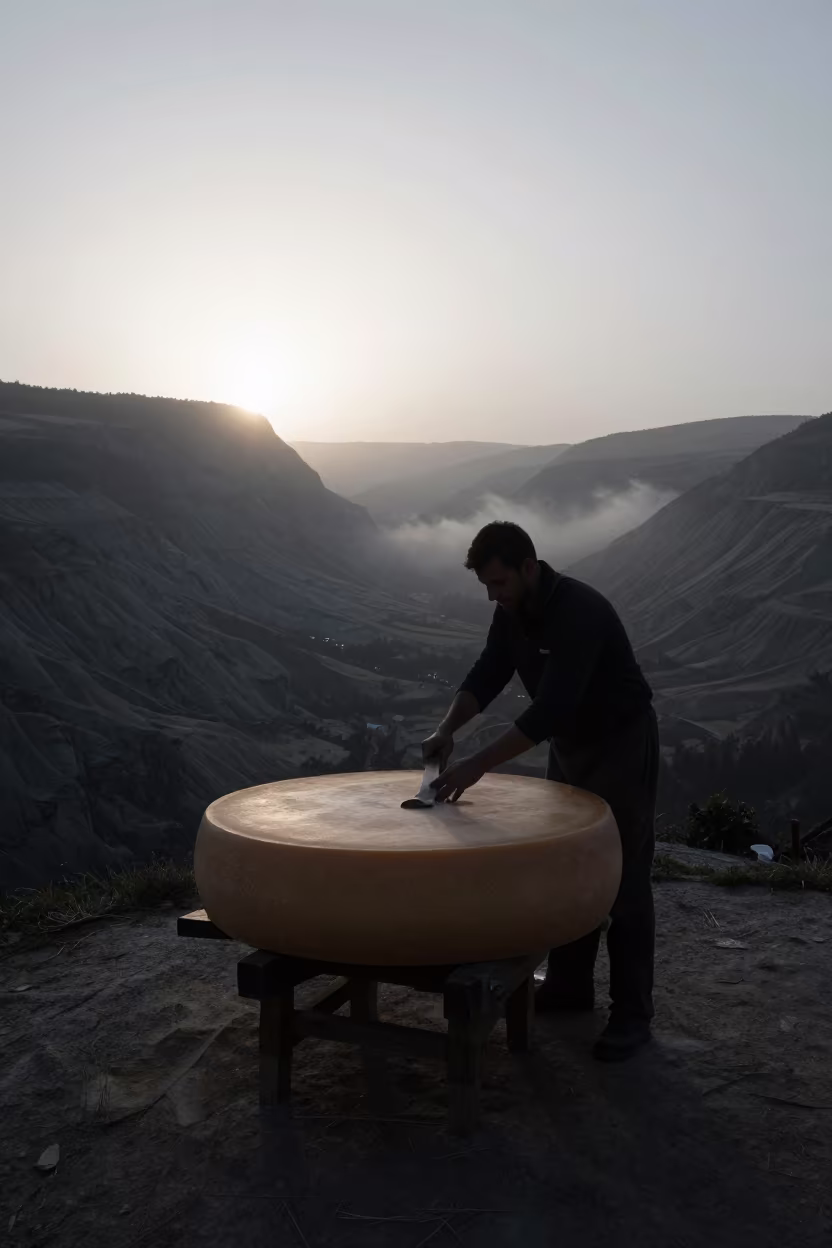 Cheesemaker Turning Gruyere Wheel at Dawn in across a wide valley floor near Pointe-Noire