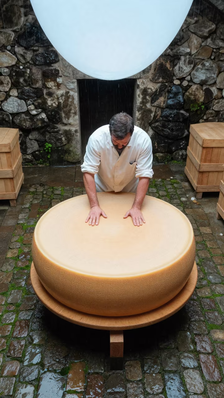 Cheesemaker Turning Gruyere Wheel in Delaware Cellar in in Delaware