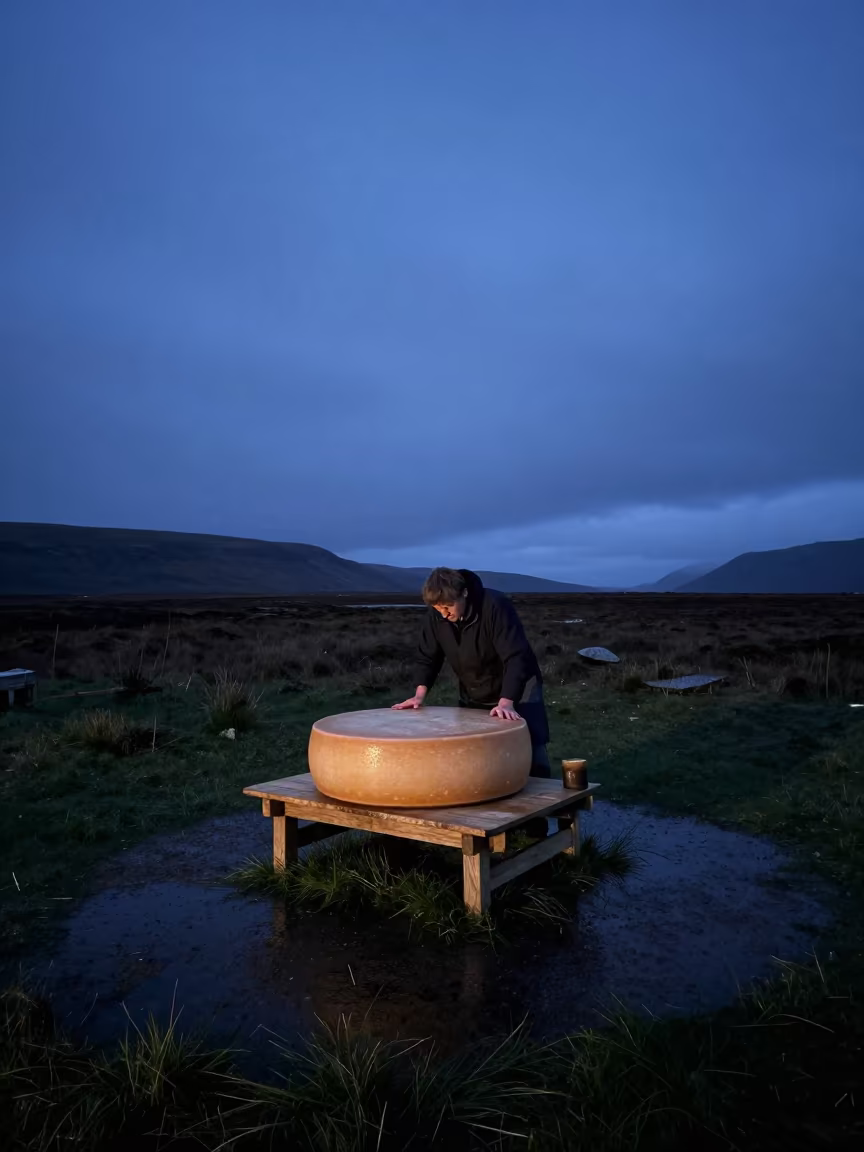 Cheesemaker Turning Gruyere Wheel Midnight Scotland in across a floodplain after rain in Scotland