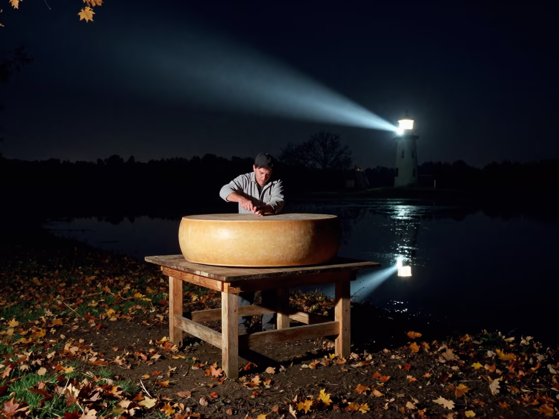 Cheesemaker Turning Gruyere Wheel at Night in across a floodplain after rain near Philadelphia