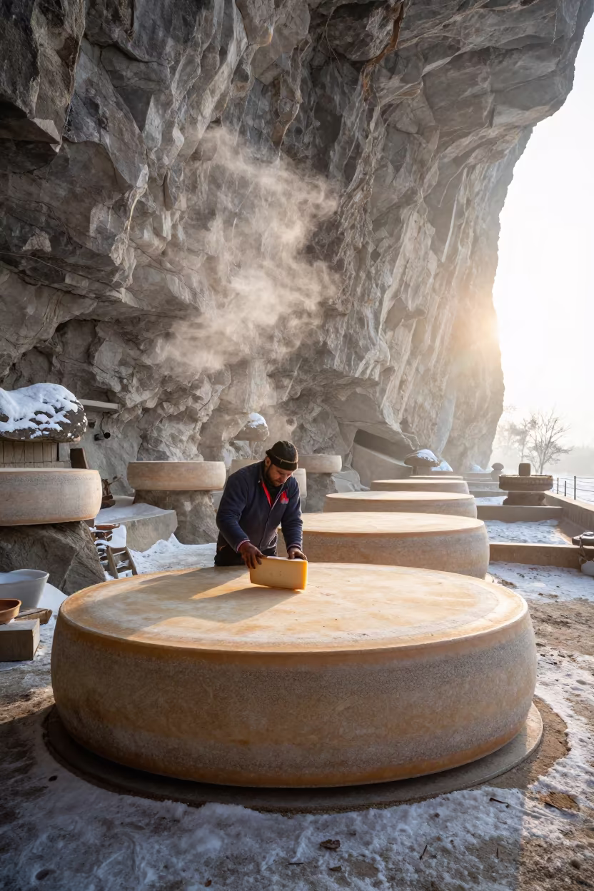 Cheesemaker Turning Gruyere in Winter Cave in near Gurgaon