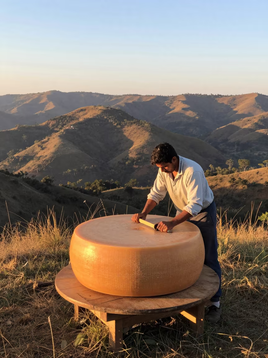 Cheesemaker Turns Gruyere on Belize Ridge at Sunrise in from a ridge above layered foothills in Belize