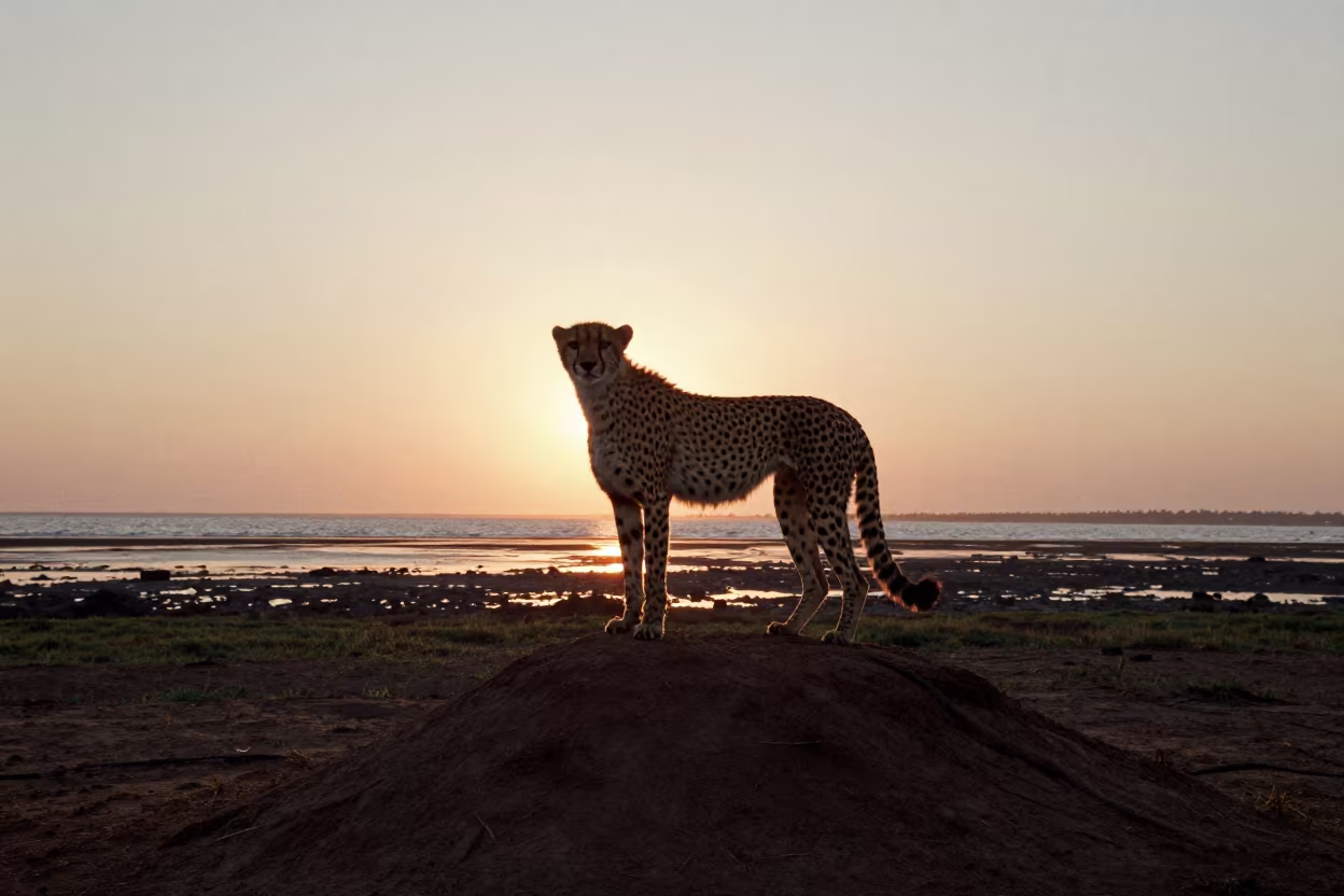 Cheetah Silhouette Dawn Mound Coastal Kenya in beside a tidal inlet near Mombasa