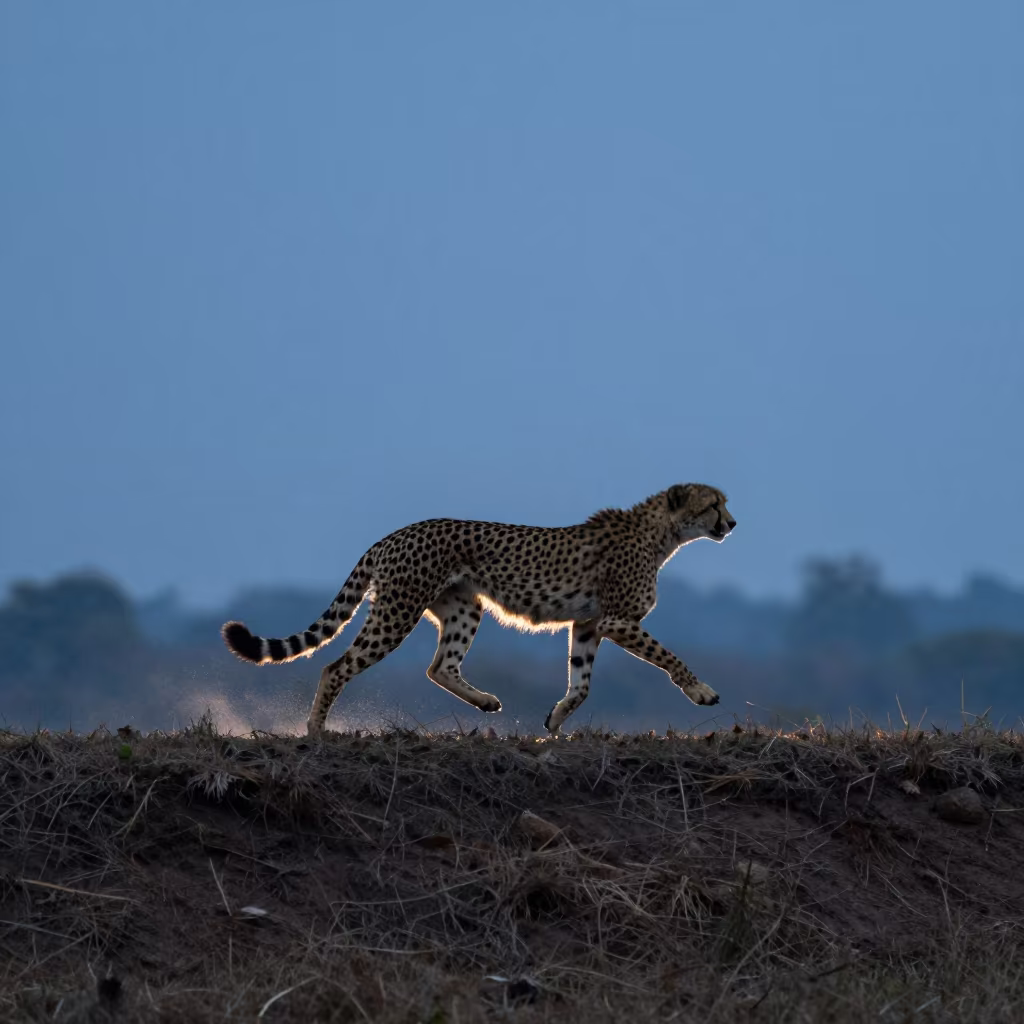 Cheetah Silhouette Running on Bangkok Ridge in on a wind-scoured ridge near Bangkok