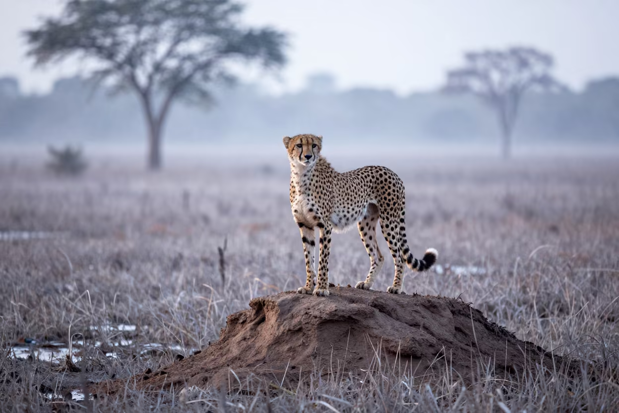 Cheetah on Termite Mound at Bali Dawn in in Bali
