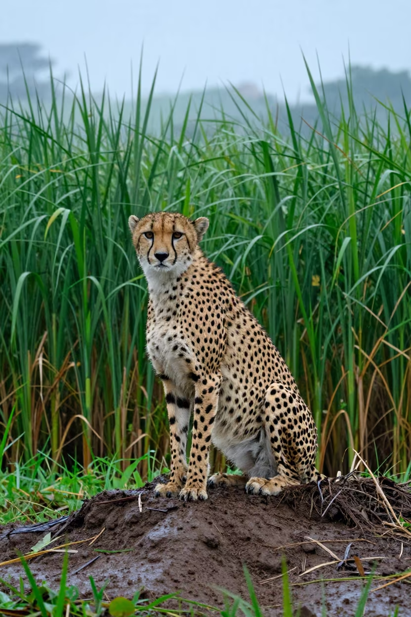 Cheetah on Termite Mound at Dawn Jakarta in at the edge of a reed bed near Glodok, Jakarta