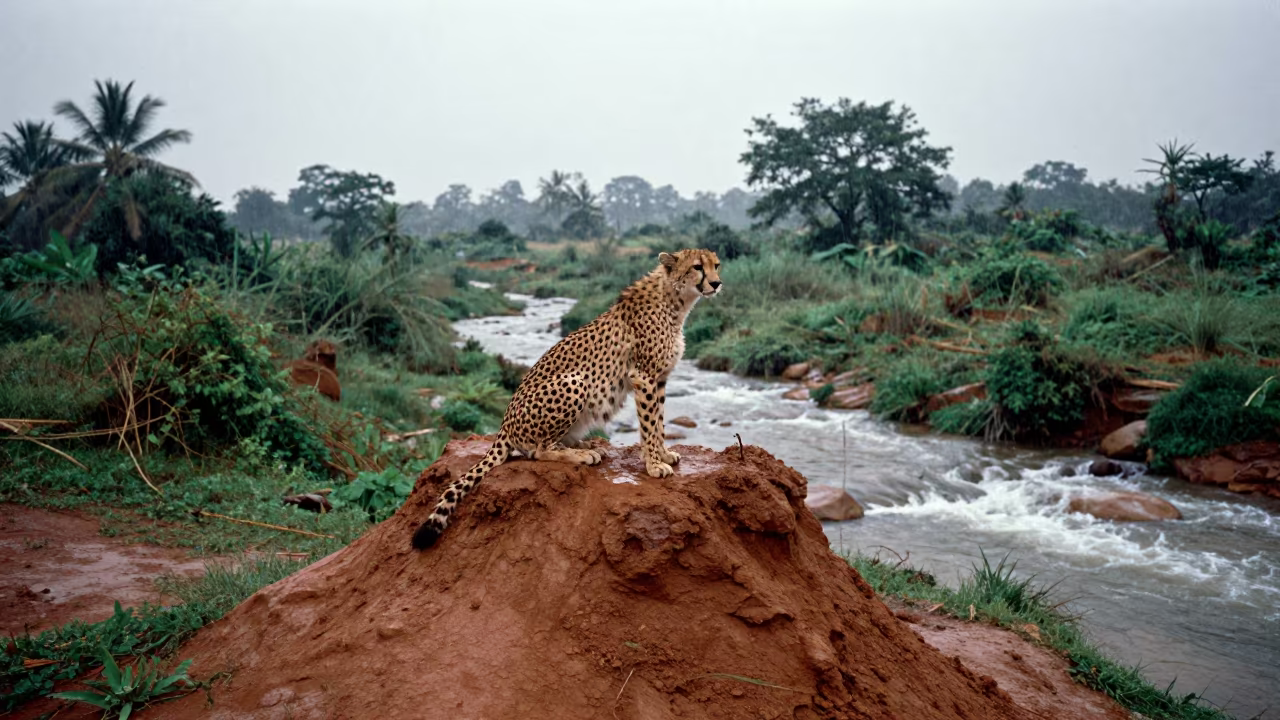 Cheetah on Termite Mound at Dawn in Rainy Tamil Nadu in above a glacial stream in Tamil Nadu