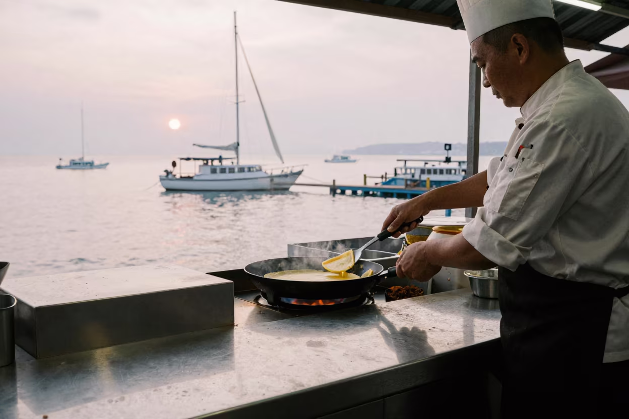 Chef Flambéing Crepes in Nanning Market Hall in in a market hall in Nanning