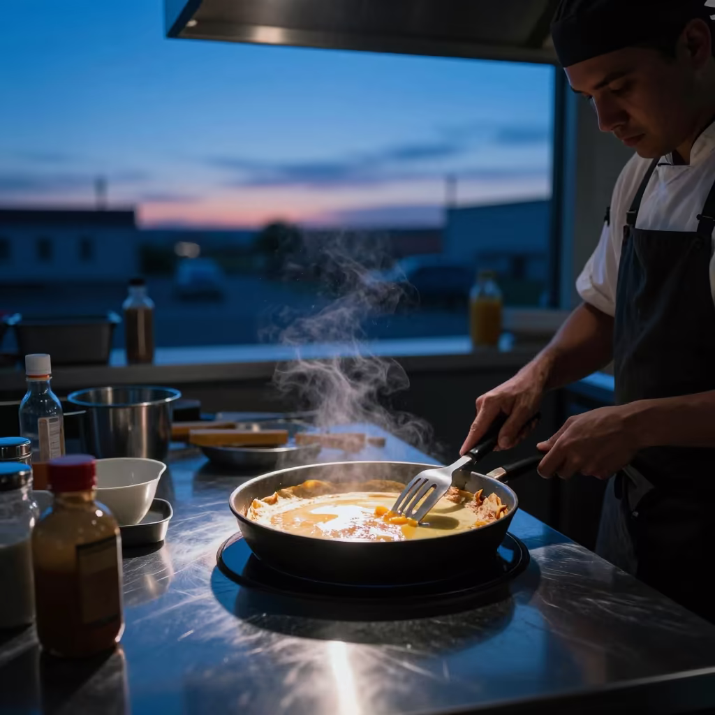 Chef Flambeing Crepes in El Paso Kitchen in in a workshop in El Paso