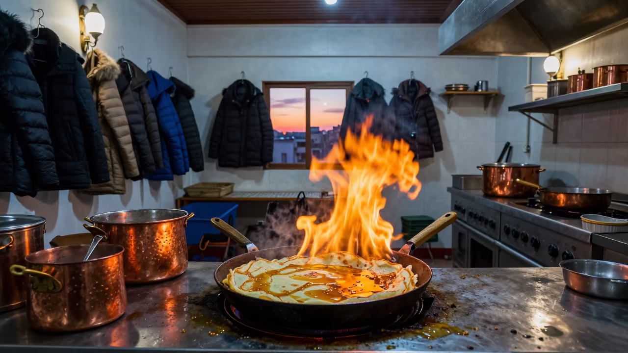 Chef Flambeing Crepes in Shiraz Winter Kitchen in in a rehearsal room in Shiraz