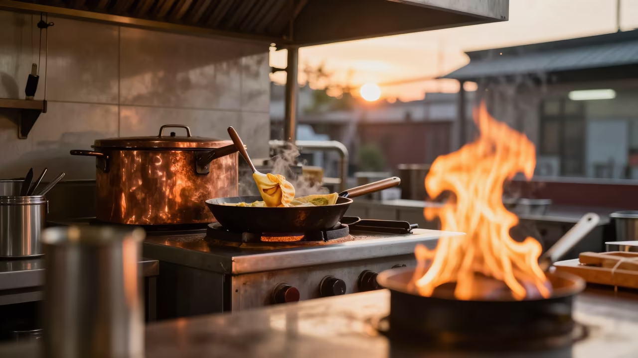 Chef Flames Crepes in Chengdu Foundry Kitchen in in a foundry in Kuanzhai Alley, Chengdu