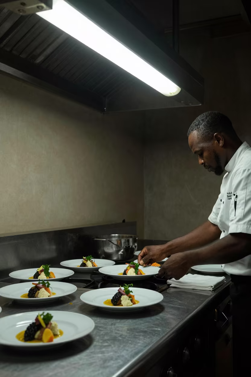 Chef Plating Dish Midnight Fort Portal Kitchen in in a kitchen in Fort Portal