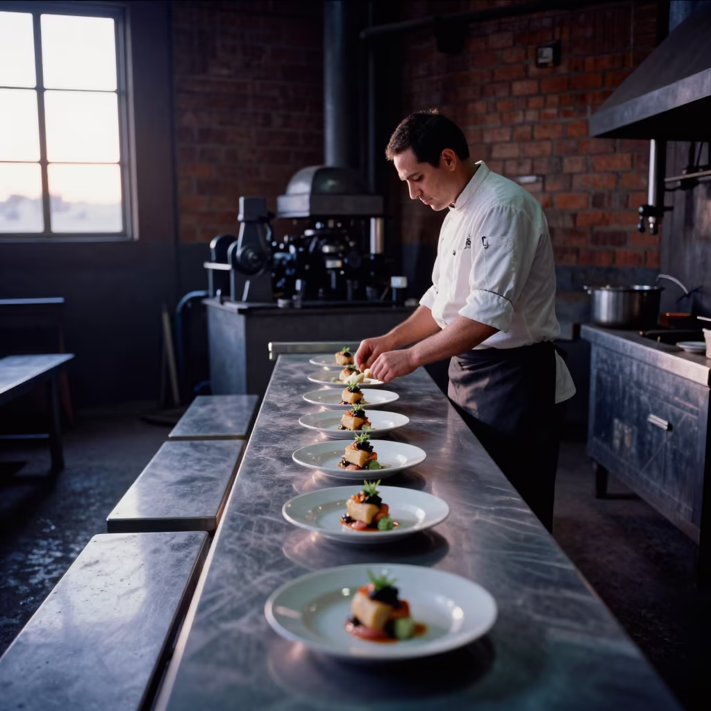 Chef Plating Dish in Riobamba Foundry in in a foundry in Riobamba