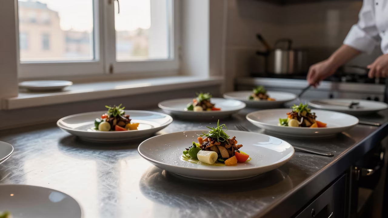 Chef Plating Dish in Stockholm Kitchen Morning Light in in a kitchen in Stockholm
