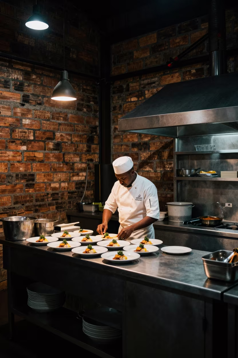 Chef Plating Dish in Sumbawanga Loft at Night in in a warehouse loft in Sumbawanga