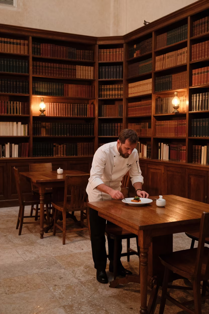 Chef Plating Dish in Valletta Library Before Dusk in in a library reading room in Valletta