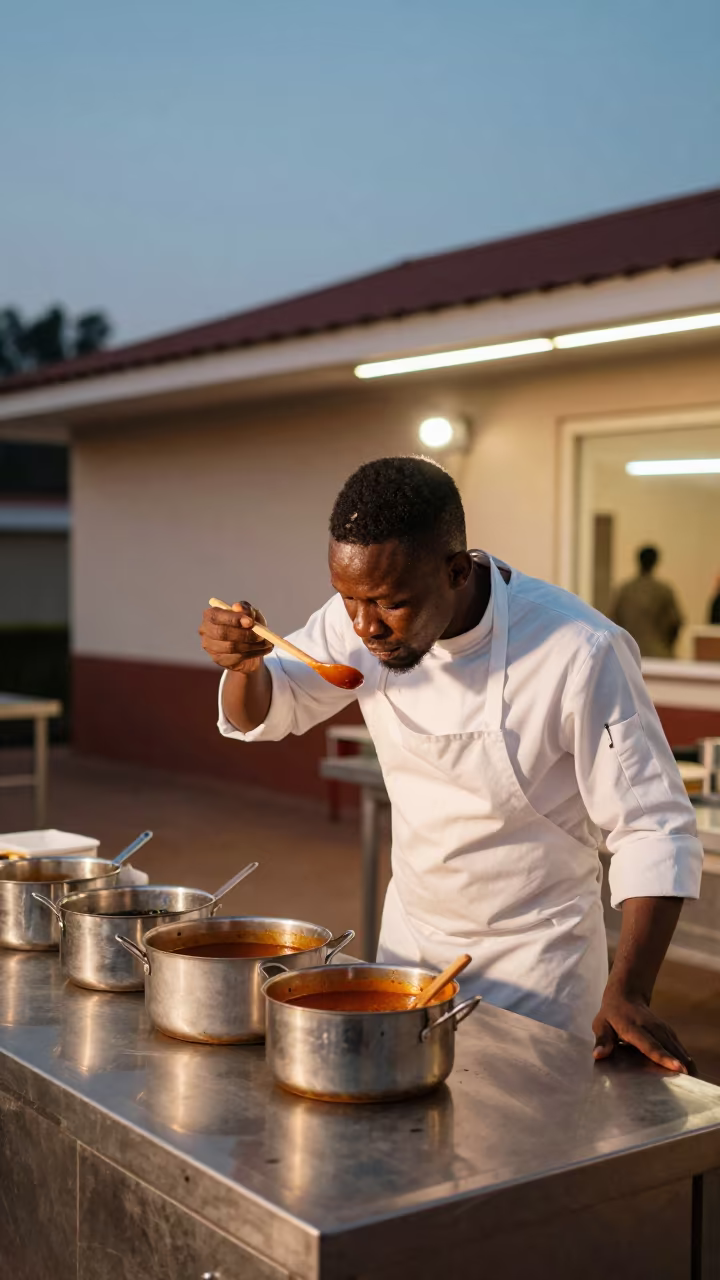 Chef Tasting Sauce in Bamenda Rehearsal Room in in a rehearsal room in Bamenda