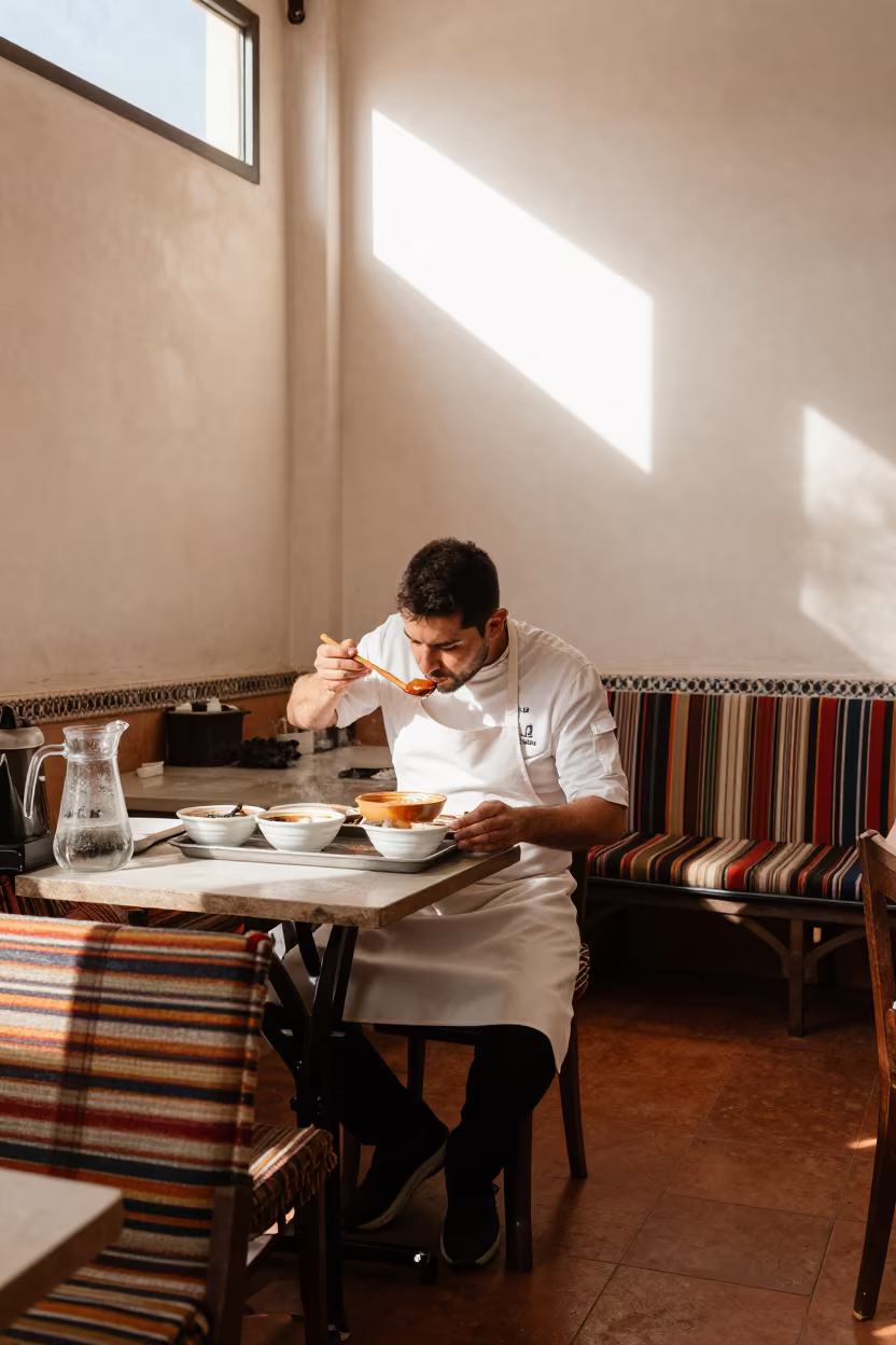 Chef Tasting Sauce in Marrakesh Cafe in in a cafe in Marrakesh