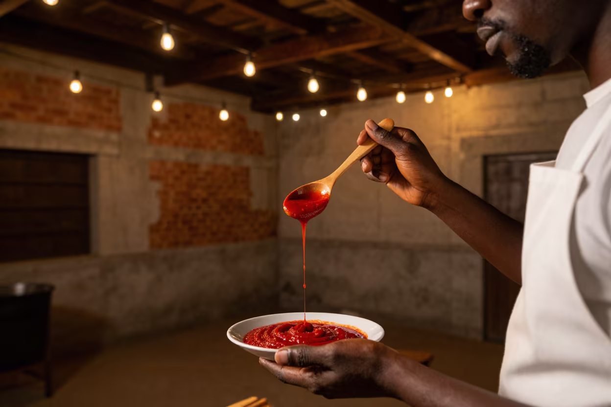 Chef Tasting Sauce Midnight in Osogbo Loft in in a warehouse loft in Osogbo